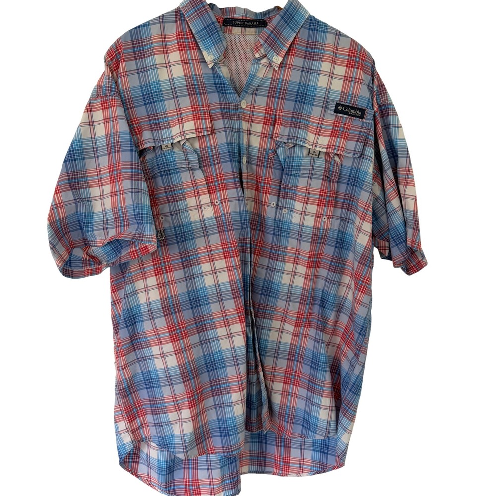 Columbia Mens Nylon Blue Red Plaid PFG Super Bahama Fishing Shirt XL
